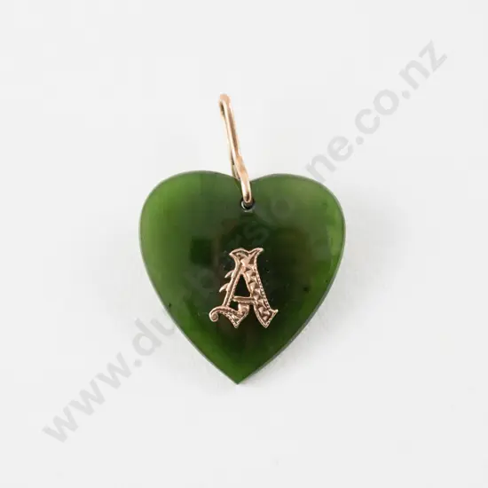 NZ 9ct Gold Mounted 'A' Greenstone Heart Pendant
