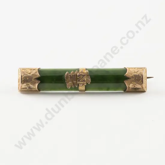 9ct Gold Mounted 'NZ' Greenstone Bar Brooch