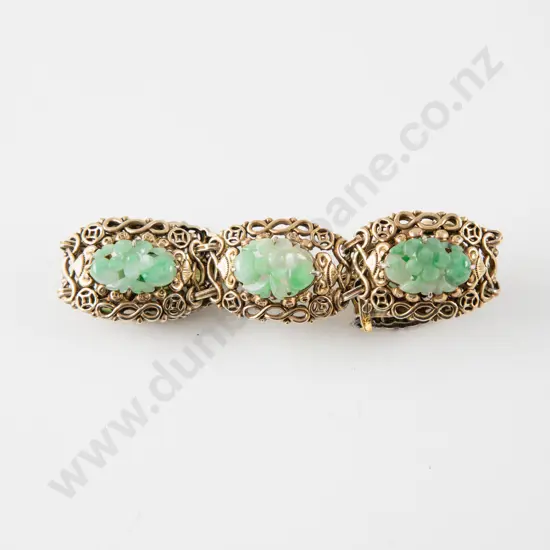 Carved Apple Green Jade Silver Gilt Panel Bracelet