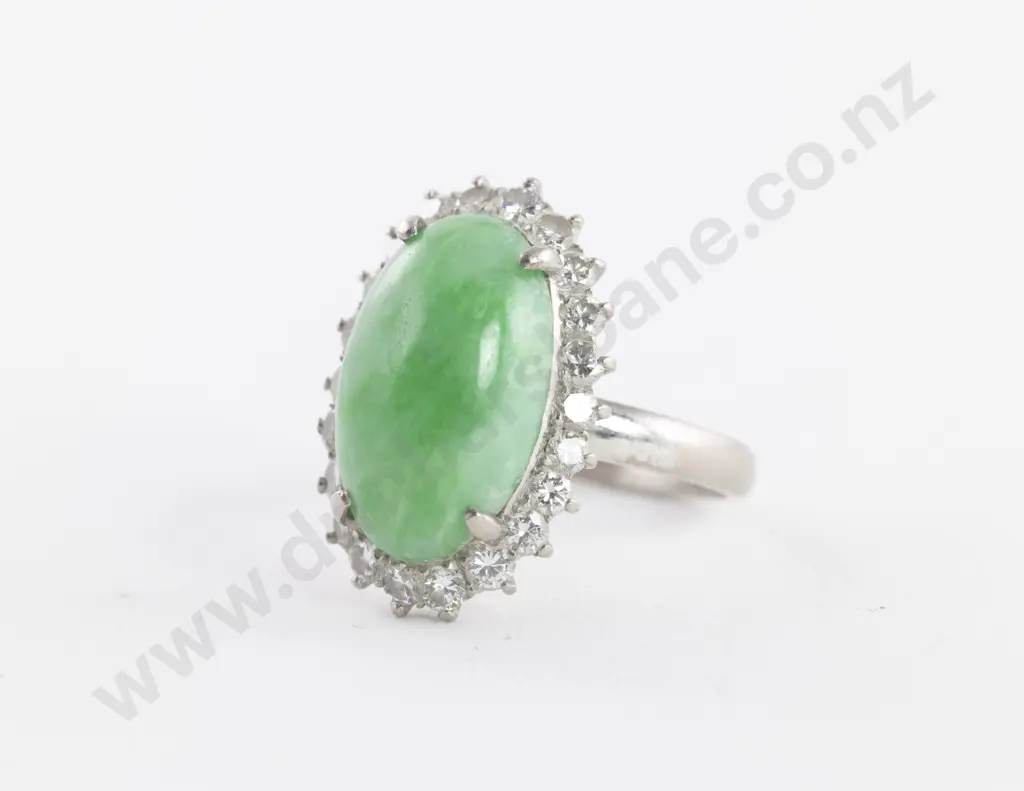 18ct White Gold 23Stone Diamond and Jade Dress Ring Image 1++