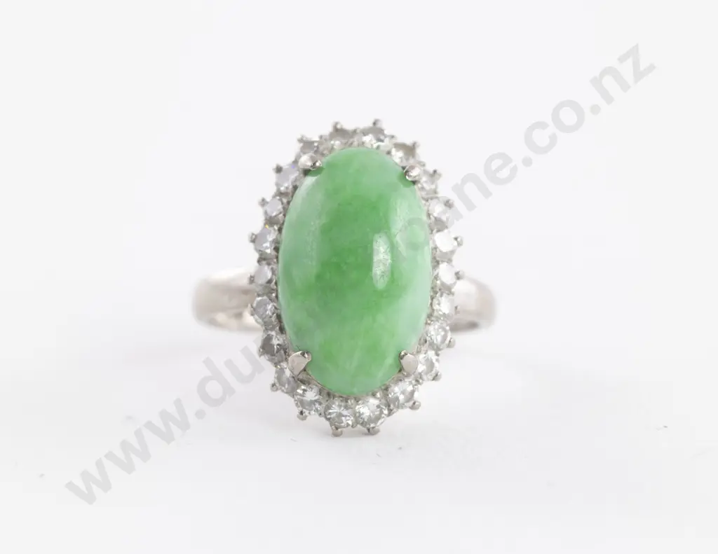 18ct White Gold 23Stone Diamond and Jade Dress Ring Image 1++