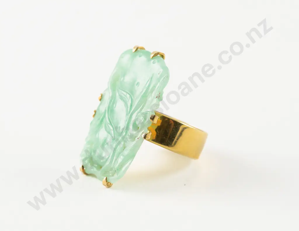 Silver Gilt Carved Chinese Mutton Fat Jade Dress Ring Image 1++