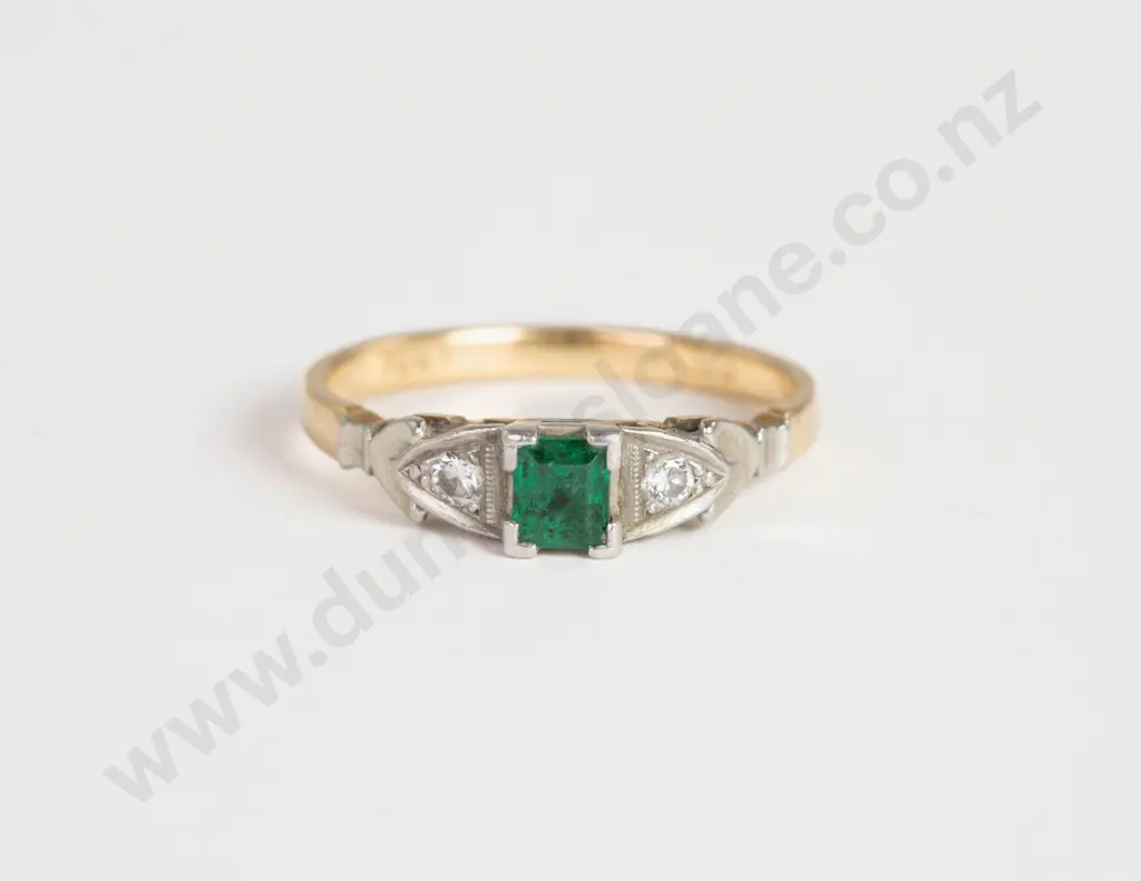 18ct Three Stone Emerald and Diamond Bridge Ring Image 1++