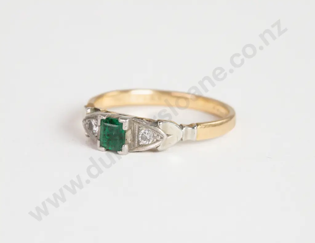 18ct Three Stone Emerald and Diamond Bridge Ring Image 1++