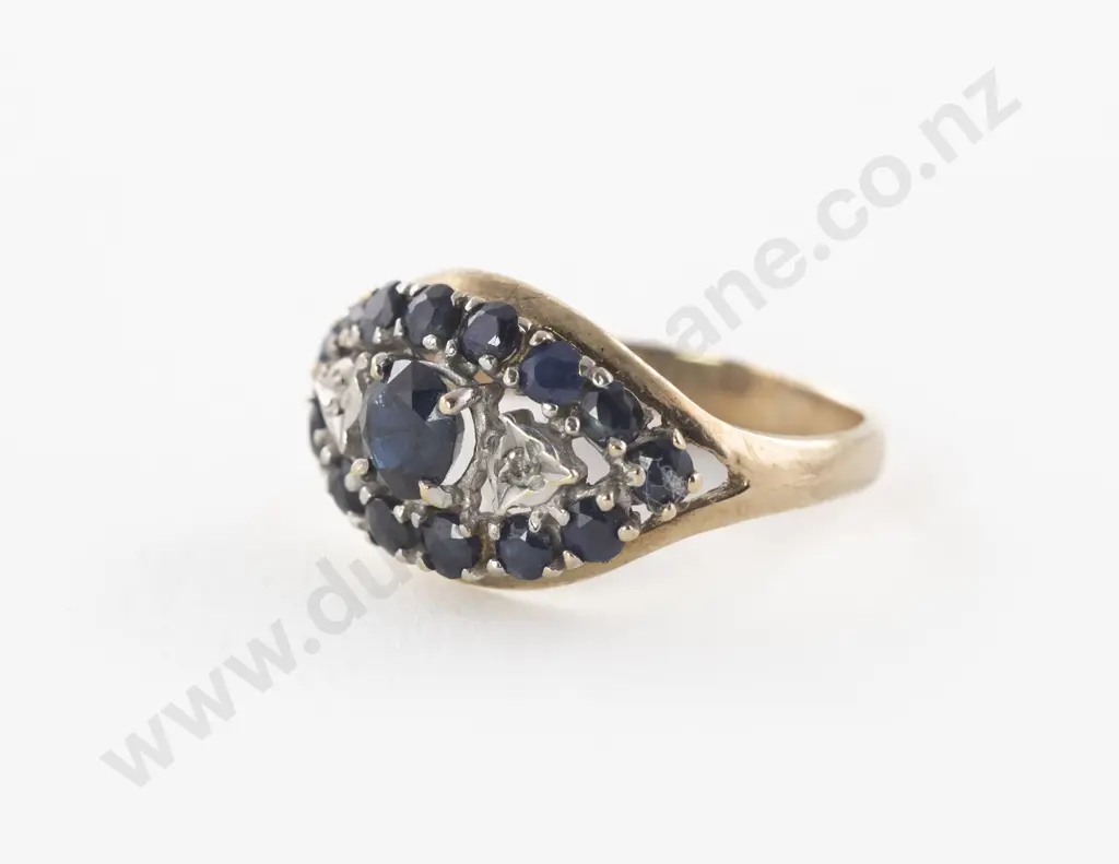 9ct 17Stone Diamond and Sapphire Marquise Cluster Ring Image 1++