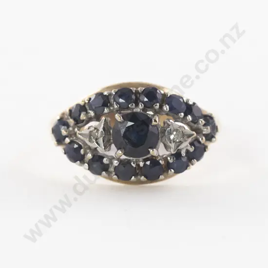 9ct 17Stone Diamond and Sapphire Marquise Cluster Ring