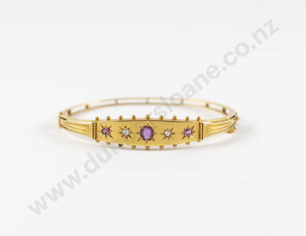 Victorian 9ct Five Stone Ruby and Diamond Hinged Snap Bangle Image 1++