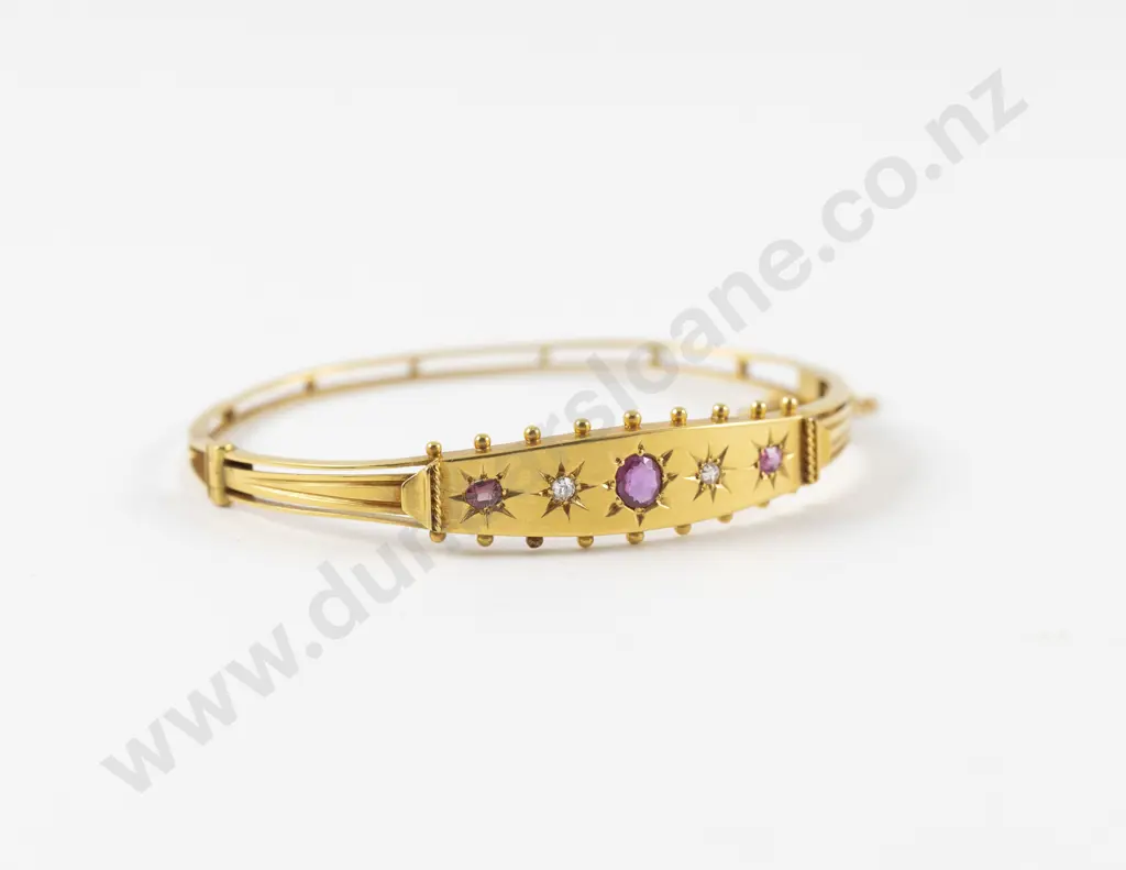 Victorian 9ct Five Stone Ruby and Diamond Hinged Snap Bangle Image 1++