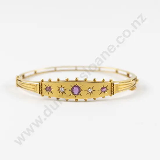 Victorian 9ct Five Stone Ruby and Diamond Hinged Snap Bangle