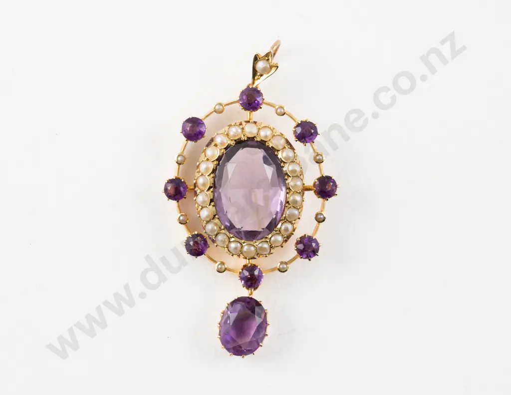 Victorian 15ct Amethyst and Seed Pearl Cluster Pendant Image 1++