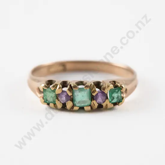 Victorian 15ct Five Stone Emerald and Amethyst Ring