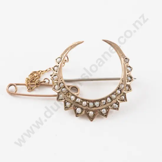 Victorian 9ct Seed Pearl Crescent Brooch