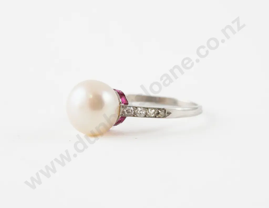 All Platinum Single Cultured Pearl Diamond and Ruby Ring Image 1++