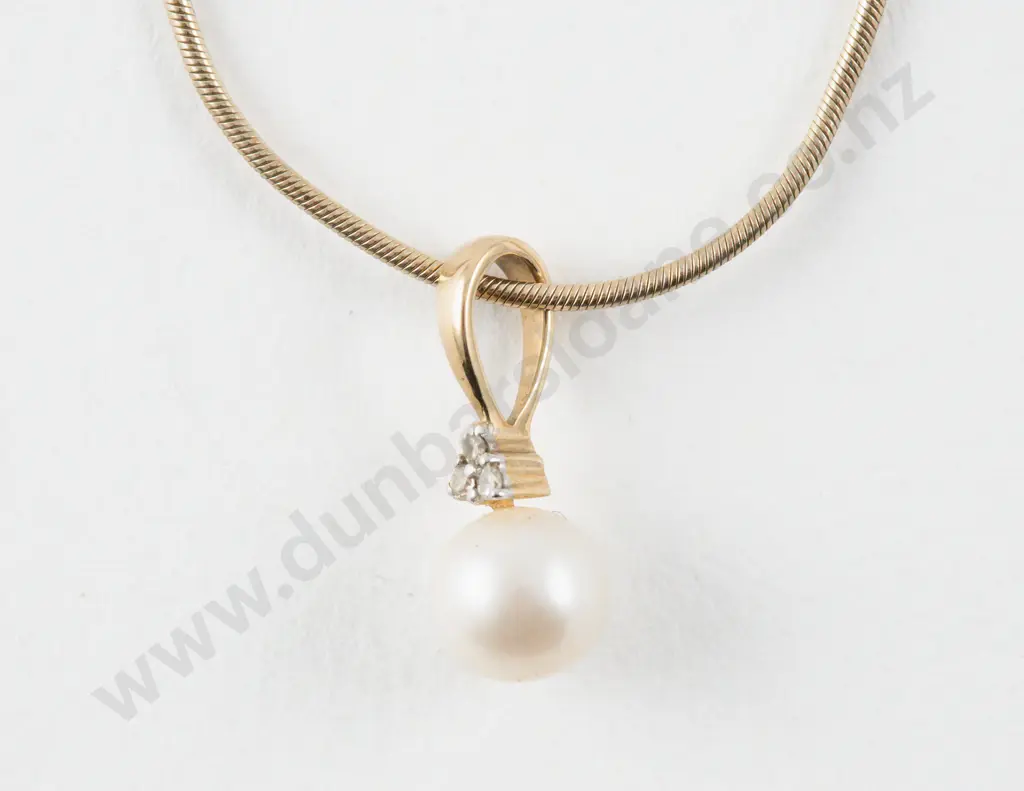 9ct Single Cultured Pearl and Diamond Pendant Image 1++