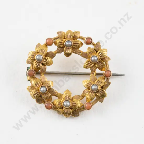 15ct Seed Pearl and Coral Bead Floral Brooch