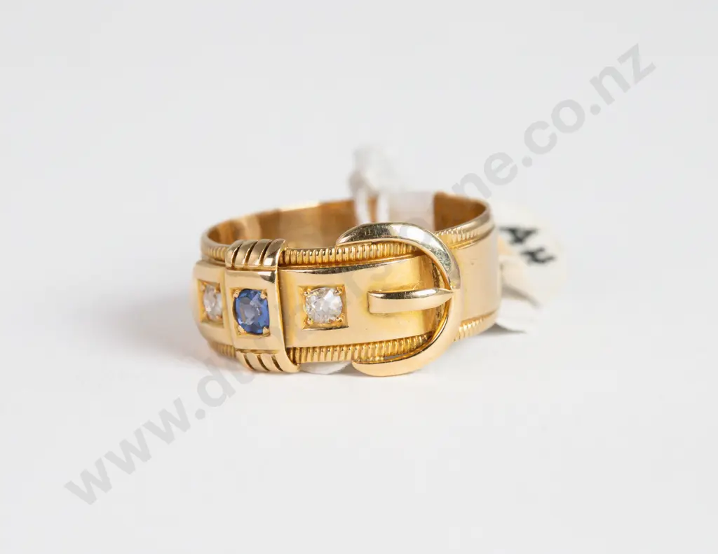 18ct Three Stone Sapphire and Diamond Buckle Ring Image 1++