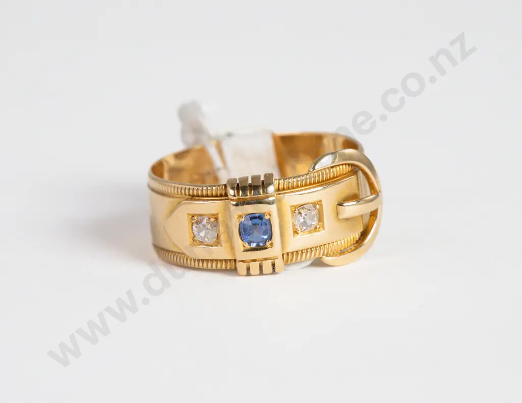 18ct Three Stone Sapphire and Diamond Buckle Ring Image 1++