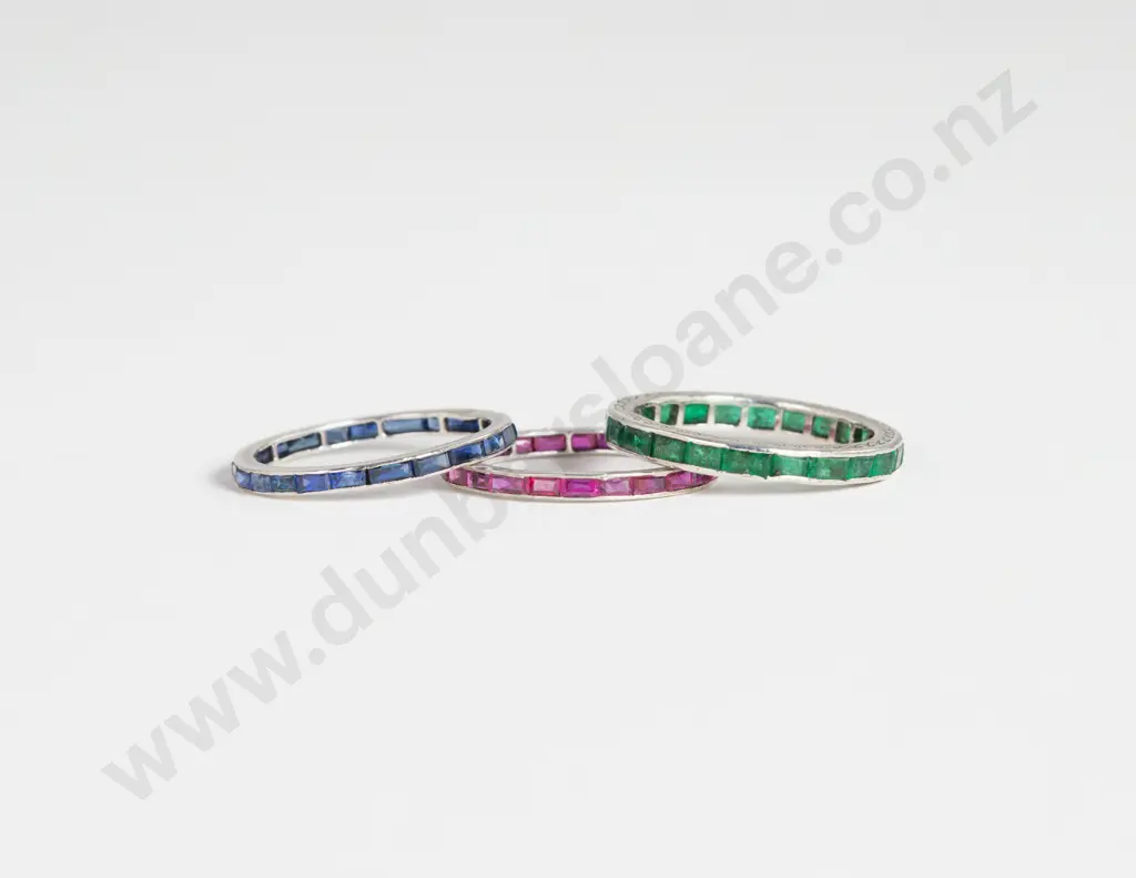 Three Platinum Sapphire Ruby and Emerald Eternity Bands Image 1++