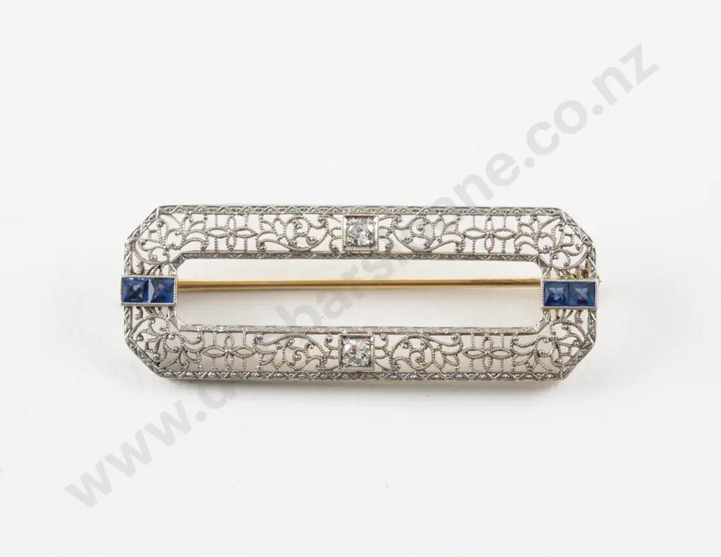 Art Deco Style 14ct and Platinum Sapphire and Diamond Brooch Image 1++