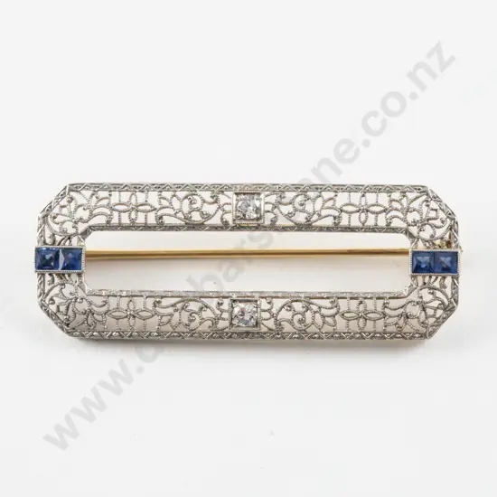 Art Deco Style 14ct and Platinum Sapphire and Diamond Brooch