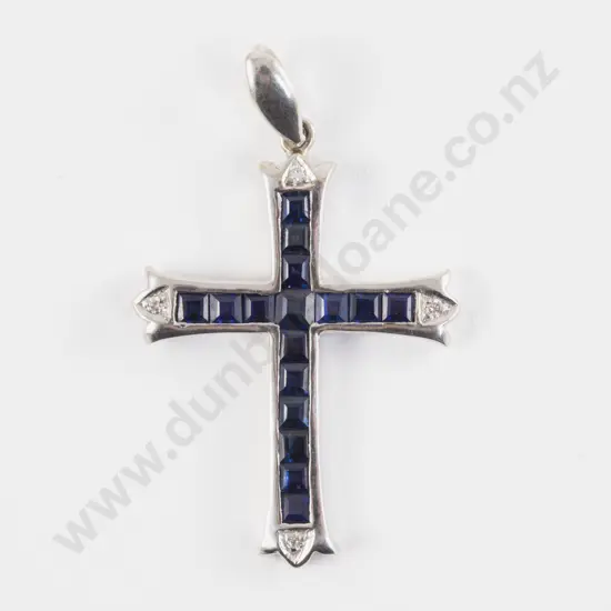 18ct White Gold 20Stone Sapphire and Diamond Cross Pendant