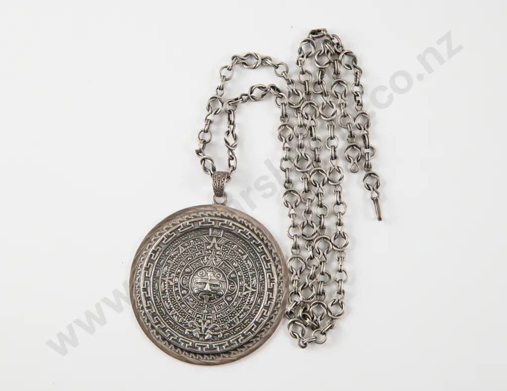 Mexican .925 Silver Aztec Calendar Pendant Image 1++
