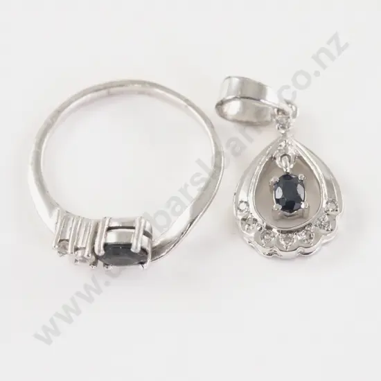 9ct White Gold Three Stone Sapphire and Diamond Paste Ring