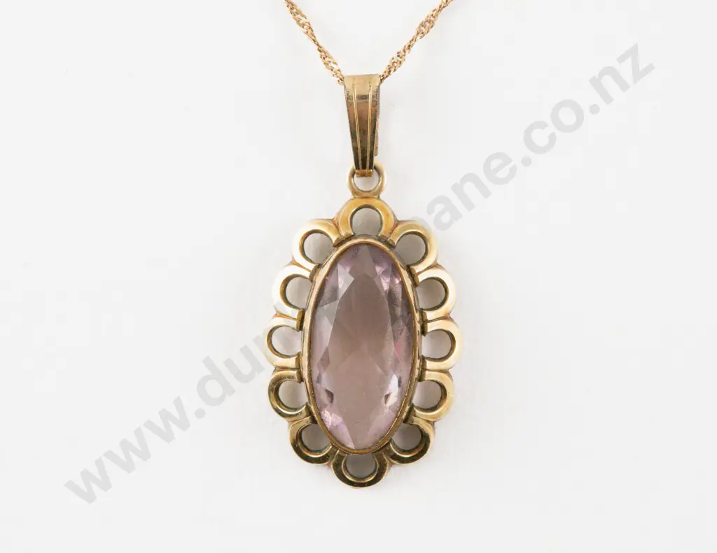 9ct Fancy Link Neck Chain and Gold Plated Amethyst Glass Pendant Image 1++