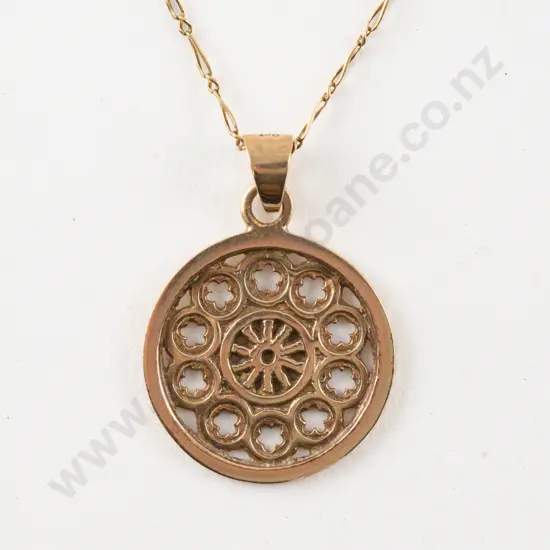 9ct Circular Floral Pendant on 18ct Fancy Link Neck Chain