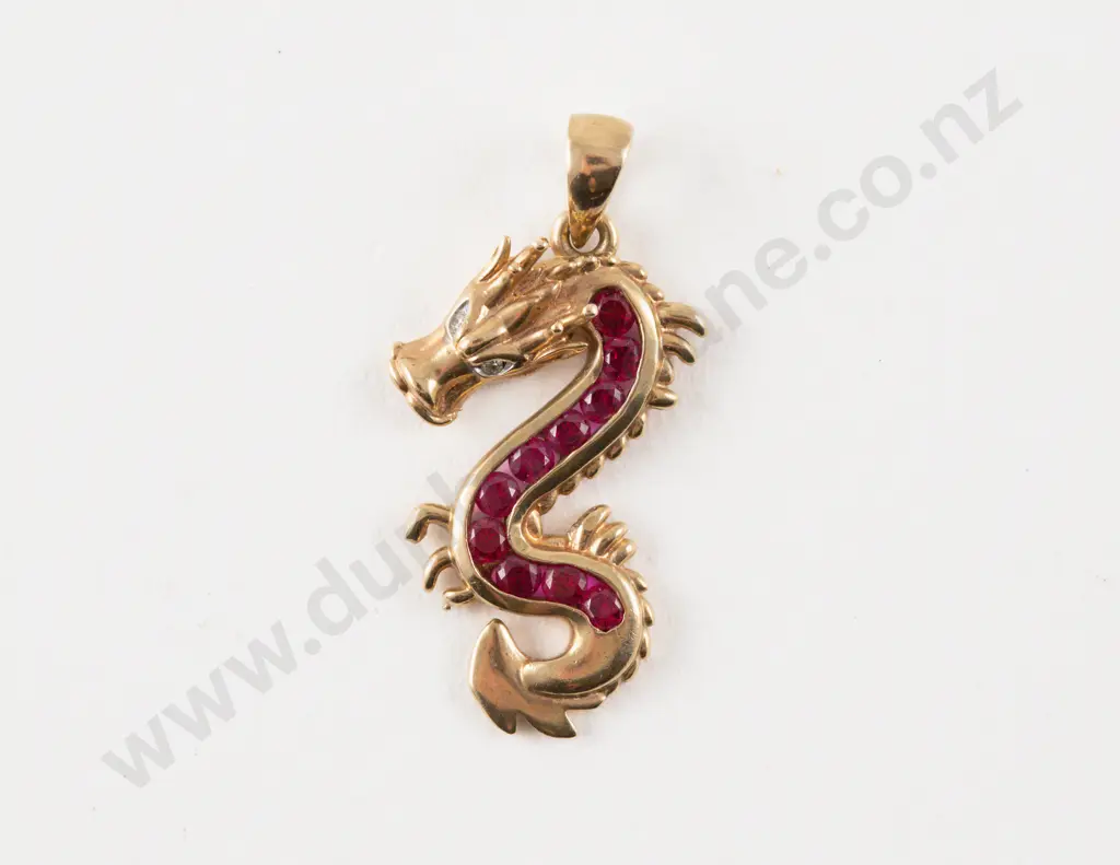 9ct 14Stone Ruby Paste and Diamond Dragon Pendant Image 1++