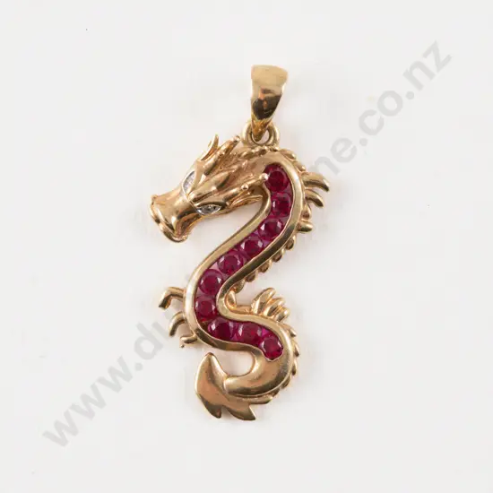9ct 14Stone Ruby Paste and Diamond Dragon Pendant