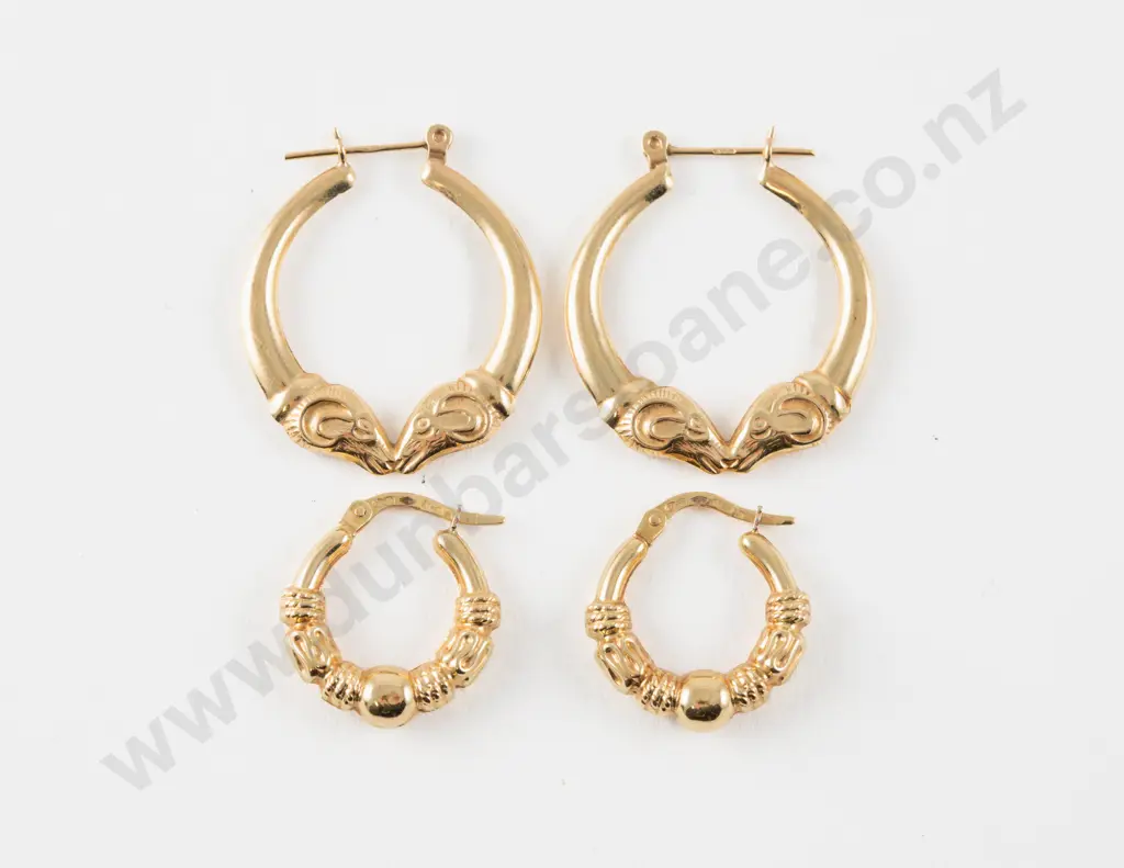 Two Pair 9ct Rams Head and Fancy Hoop Earrings Image 1++