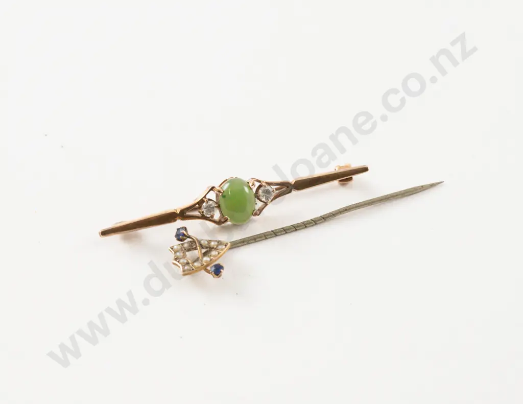 9ct Greenstone and Diamond Paste Bar Brooch Image 1++
