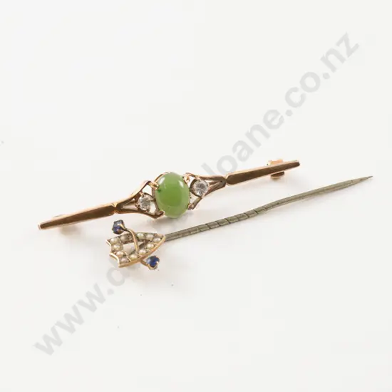 9ct Greenstone and Diamond Paste Bar Brooch