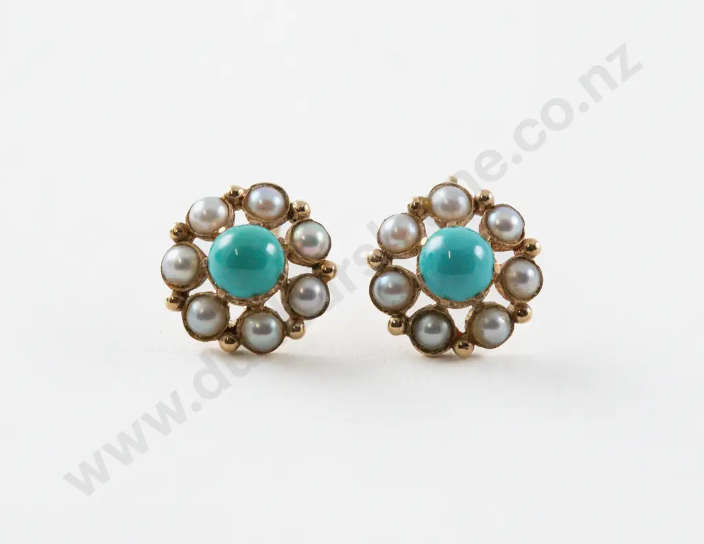 Pair 9ct Turquoise and Pearl Floret Cluster Stud Earrings Image 1++
