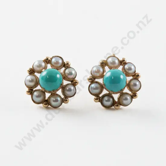 Pair 9ct Turquoise and Pearl Floret Cluster Stud Earrings