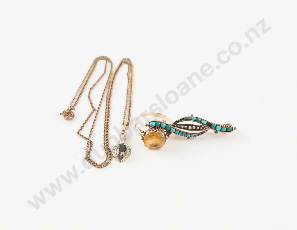 Victorian 9ct Turquoise and Seed Pearl Brooch Image 1++