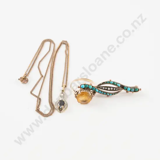 Victorian 9ct Turquoise and Seed Pearl Brooch