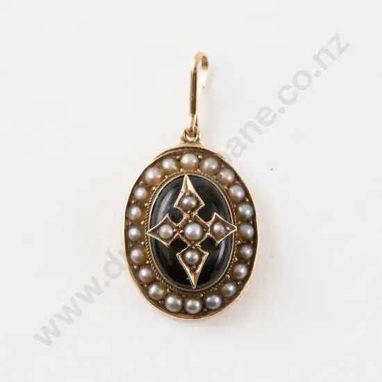 Victorian 15ct Onyx and Seed Pearl Pendant
