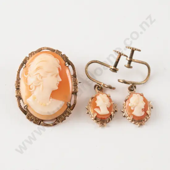 9ct Framed Classical Portrait Cameo Brooch and Pair Earrings
