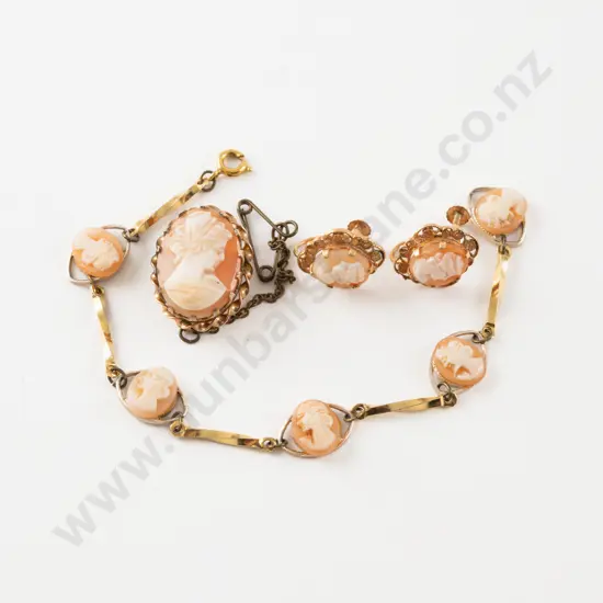 9ct Framed Classical Portrait Cameo Brooch with Pair Earrings