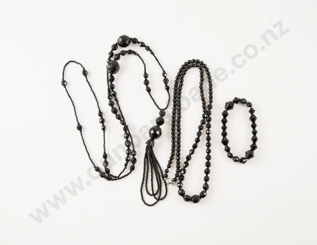 Two Single Strand French Jet Beaded Necklaces and Bracelet Image 1++