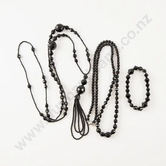 Two Single Strand French Jet Beaded Necklaces and Bracelet