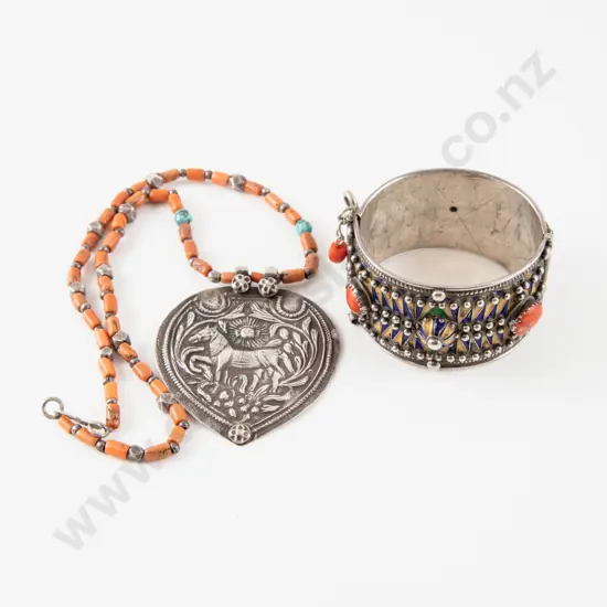 Antique Silver Enamel and Coral Hinged Snap Bangle