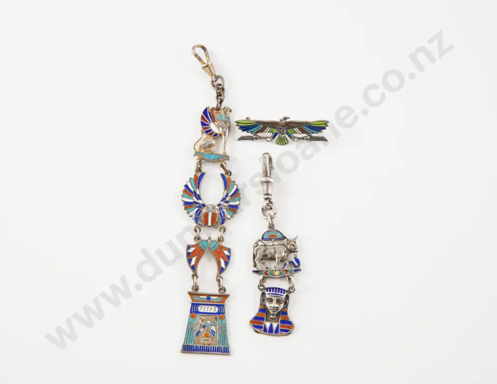Two .800 Silver and Enamel Egyptian Charms with Brooch Image 1++