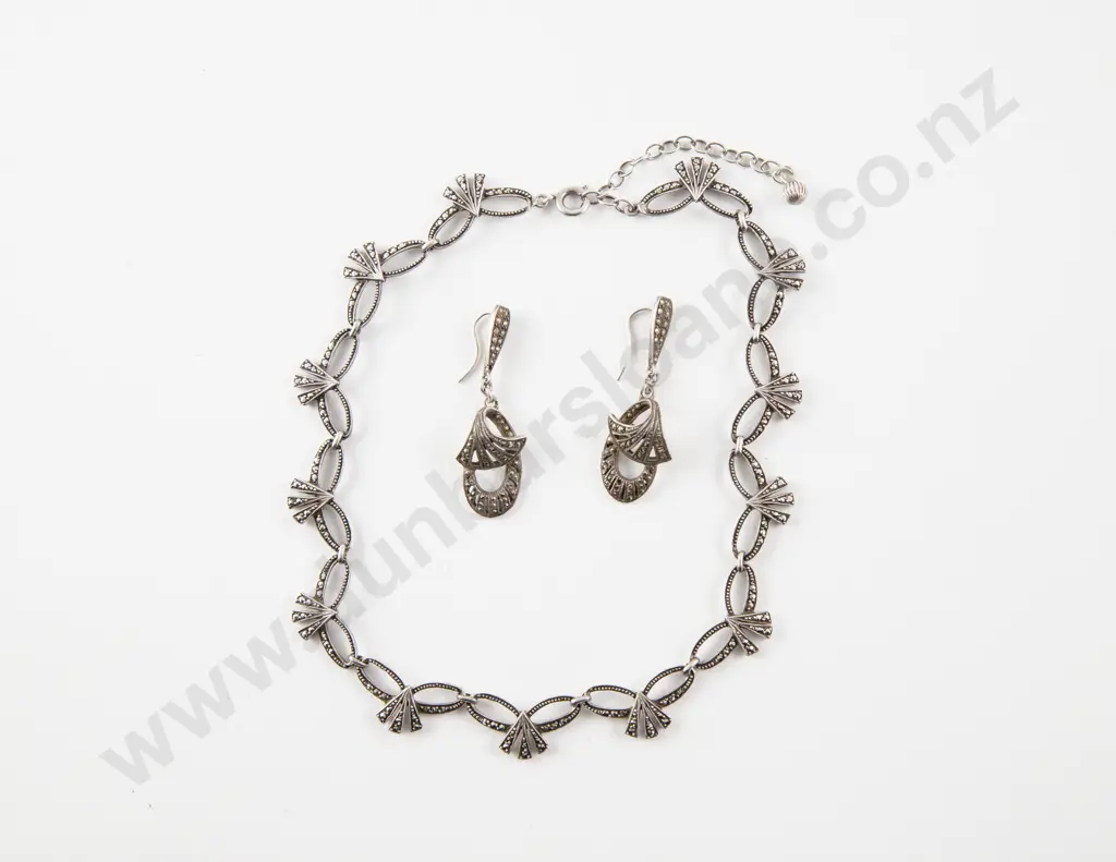 S/S and Marcasite Necklet and Pair Earrings Image 1++
