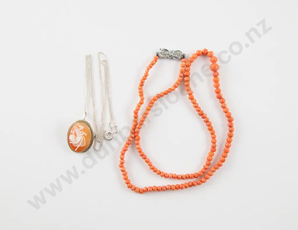 Single Strand Uniform Coral Necklace and S/S Framed Cameo Pendant/brooch Image 1++