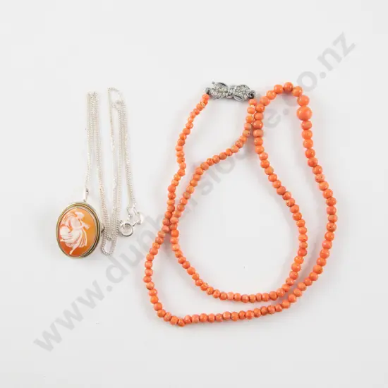 Single Strand Uniform Coral Necklace and S/S Framed Cameo Pendant/brooch