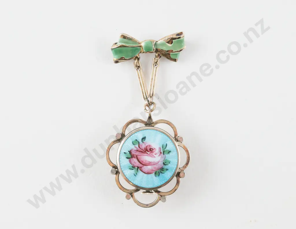 Art Deco Silver Gilt and Guilloche Enamel Lapel Watch Brooch Image 1++