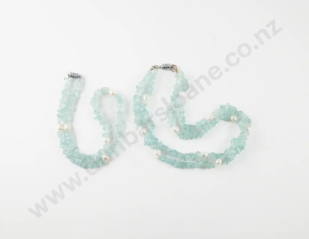 Two Aquamarine Crystal Bead and Freshwater Pearl Necklaces Image 1++